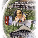 140470 Gußkachel mit Porzellan Motiv "Bad Dürheim" mit Narro