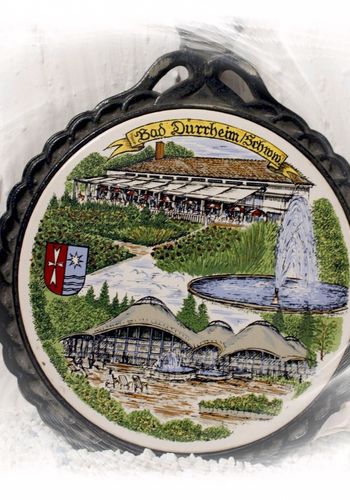 140428 Gußkachel mit Porzellan Motiv "Bad Dürheim" Schwarzwald