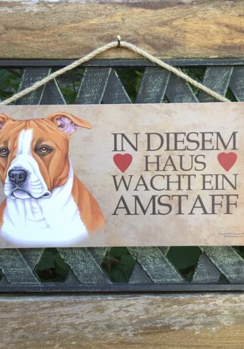 10005 Holzschild mit Hund Amstaff und Spruch