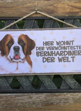 Holzschild mit Hund Bernhardiner und Spruch