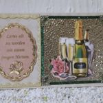 HK 10021 Karte mit Spuch, Sekglas,Flasche und Blumenstrauss