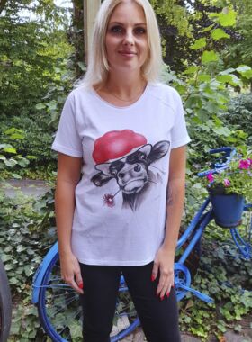 Slub-T-Shirt Damen Schwarzwald Bollenhut-Kuh weiss