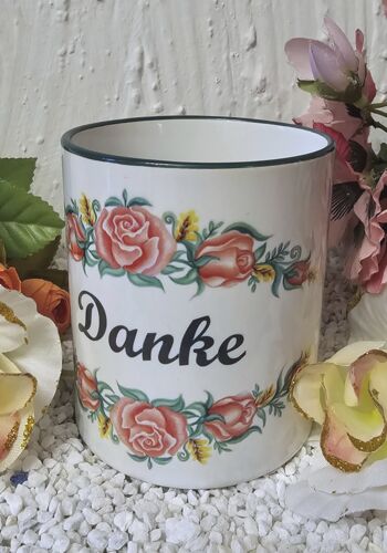 LT1009 Herzenstasse Danke mit Blumen Rand-Henkel blau