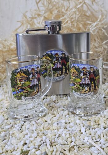 FLM1003 Flachmann Schwarzwald mit 2 Henkel Schnapsstamper