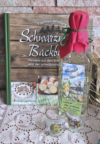 BBK1002 Schwarzwald Backbuch mit edlem Honig Williams Schn&auml;psle Schnapsgl&auml;ser und Bollenhut