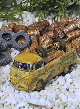VW Bulli Vintage Schrottoptik mit Achse,Ölfass,Schrottgut beladen